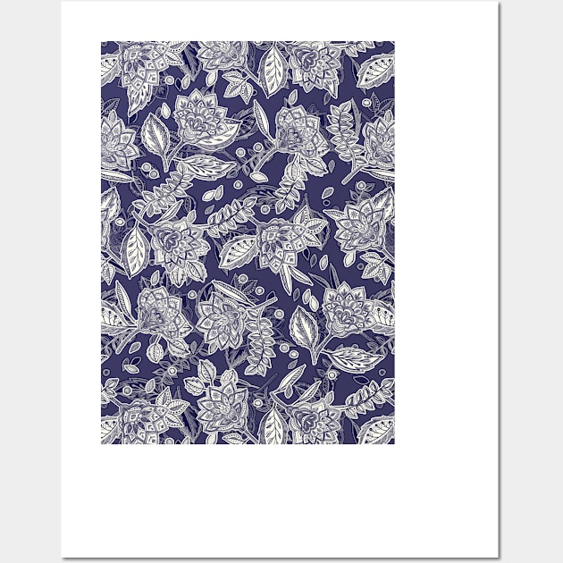 Decorative Floral Doodle Pattern in Navy Wall Art by micklyn